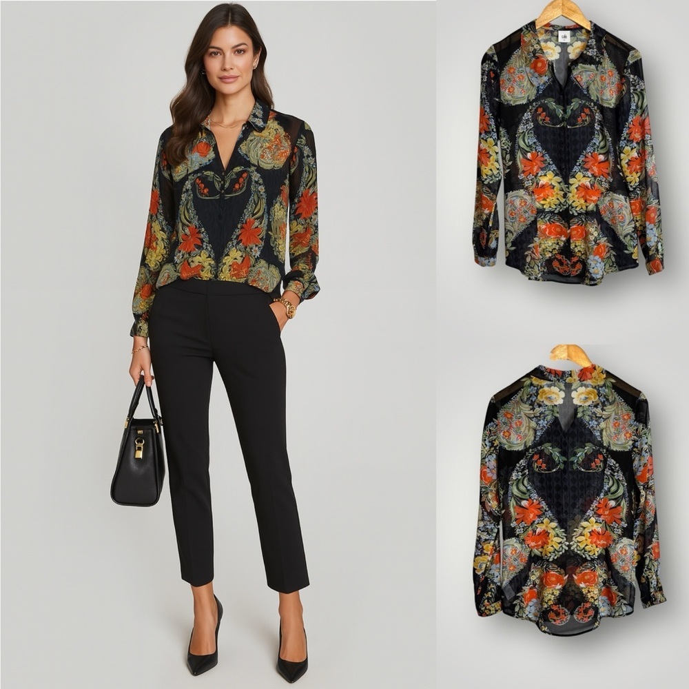 CAbi Amour Floral Sheer Blouse Size Small Button Front Long Sleeve Collar